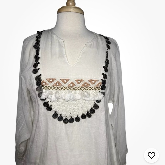 Mes Demoiselles Paris Boho Beaded Coin Cotton Summer Off White Top Size 6 - Picture 2 of 7